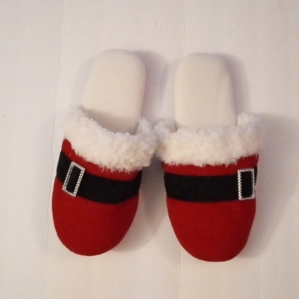 AVON Holiday Slippers, size 7-8, Red & White Black Santa belt, soft &warm, NWOT